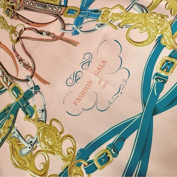 NEW Pink Coral Equestrian Saddle Design Satin Square Luxury Style Scarf - Picture 3 of 15